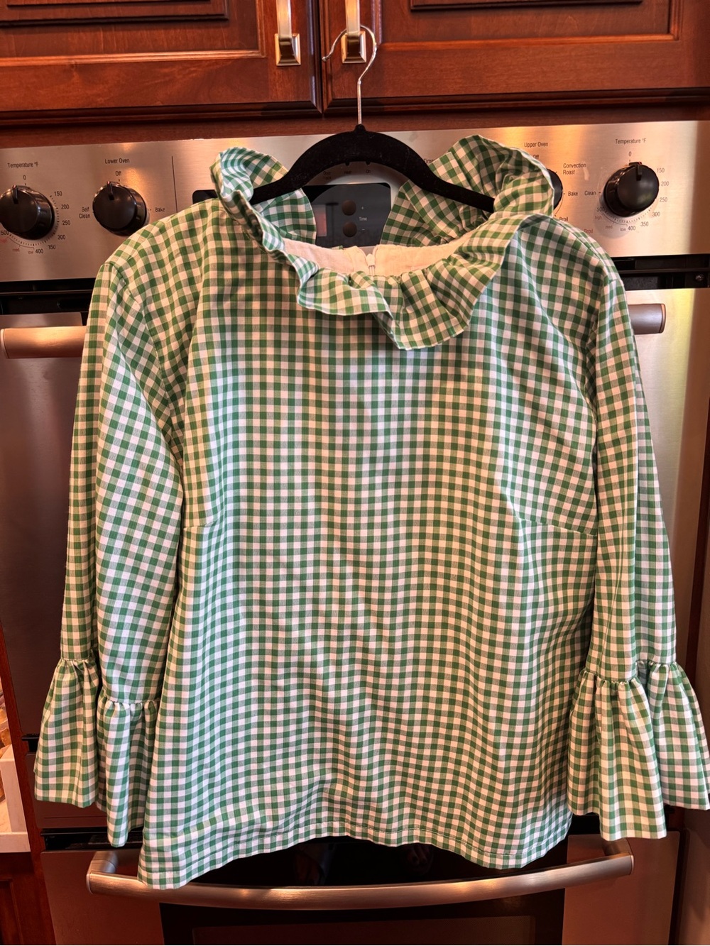 Elizabeth Wilson Women's Green Gingham Ruffle Collar Blouse